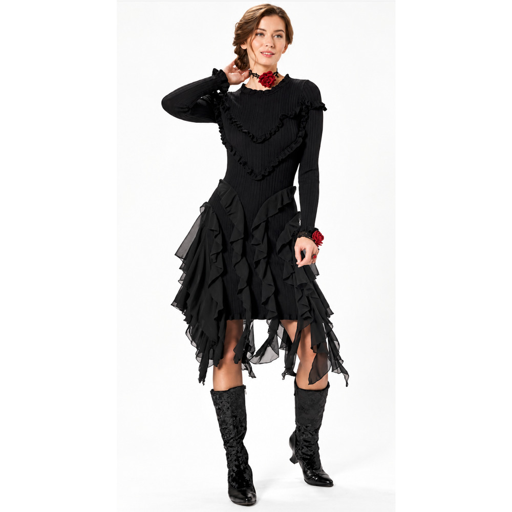 The Pyramid Collection Starlet Knit Dress Black Chiffon Ruffle Gothic Size L